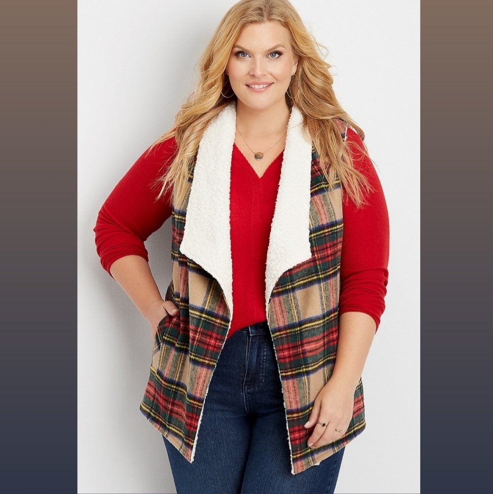 Plaid Sherpa Vest Open Front